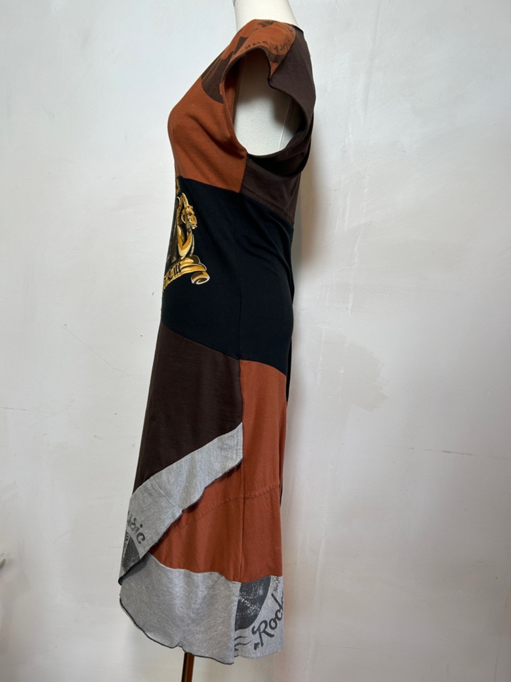 Pathchwork Art to Wear Abstract Artsy Rust Brown Grey Graphic Midi Dress Medium - Picture 3 of 13